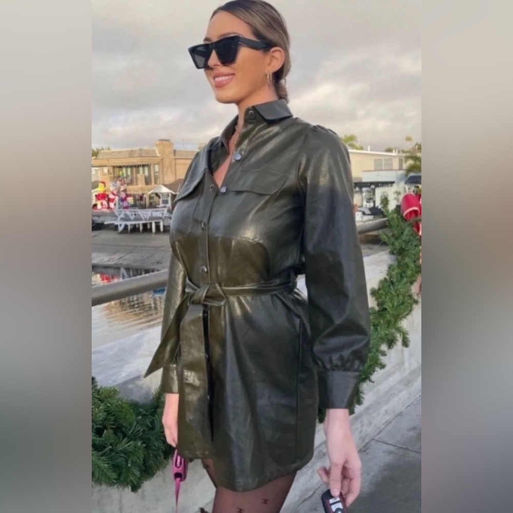NWT ZARA Khaki Faux Leather Button Down Mini Dress
